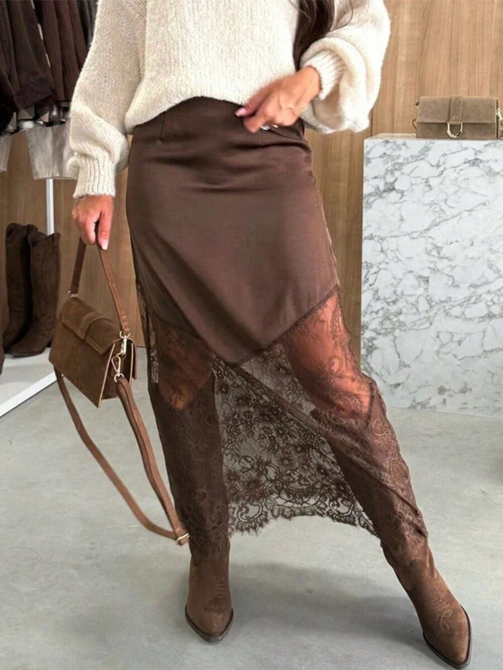Lace Trim Satin Midi Skirt